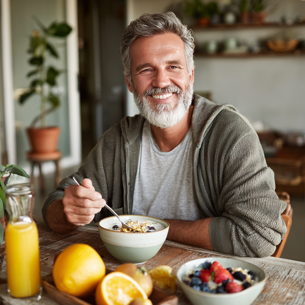 Mature man enjoying healthy breakfast with family at home table