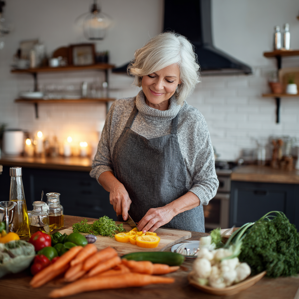 Middle-aged woman preparing healthy meal with fresh vegetables in modern kitchen